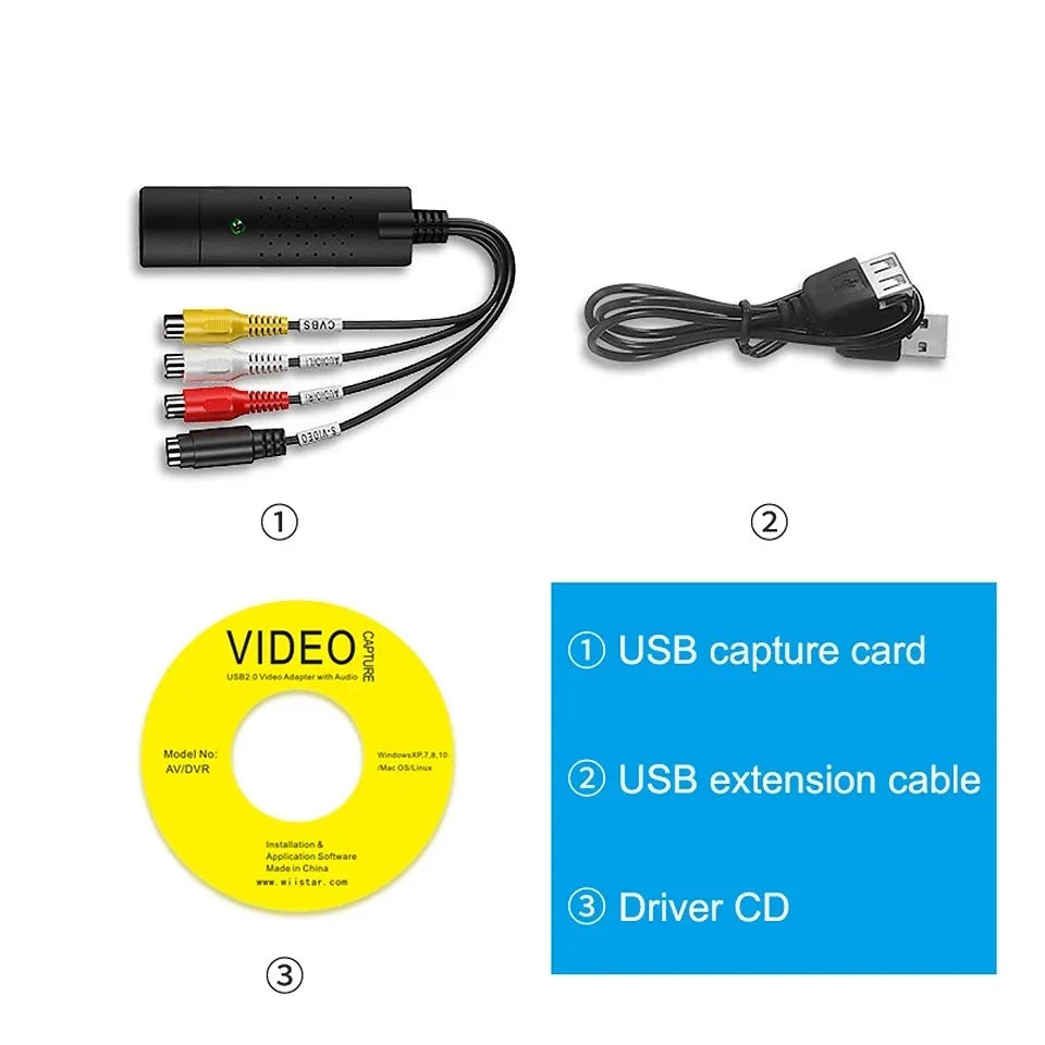 Video Capture Card Easy Cap Convert VHS VCR Mini DV Hi8 DVD to Digital RCA/S-Video Old USB 2.0 Audio Video Record Capturer