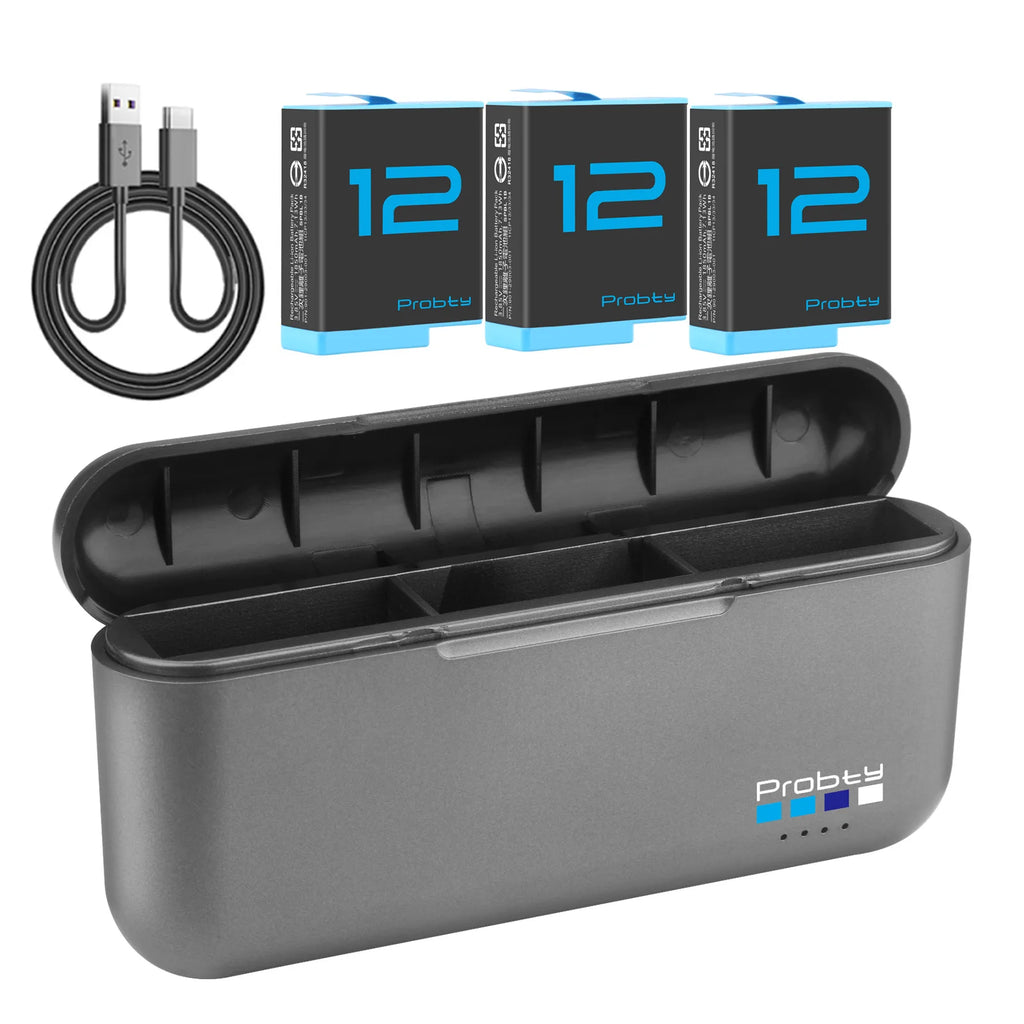 Probty Battery For GoPro Hero 12 11 10 9 1850 mAh Battery 3 Ways Fast Charger Box For GoPro 12 10 Accessories