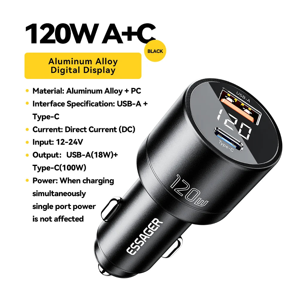 Essager Car Charger PD 120W Super Fast Charger QC 4.0 PD 3.0 For iPhone 15 14 Samsung Type-C USB Charger Portable Phone Charger