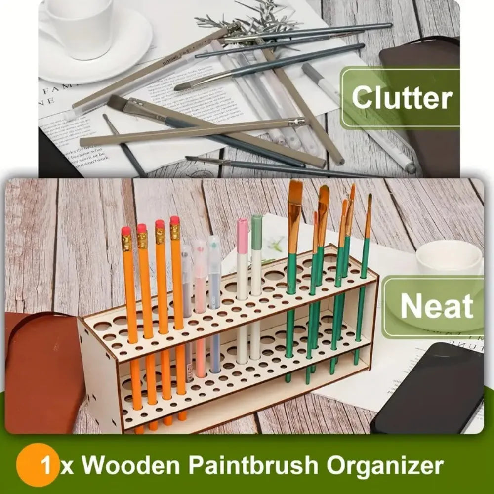 67-Slot Premium Wooden Brush Double-layer Holder Durable Artist Desk Organizer Pencil Paint Brushes Storage Art Craft