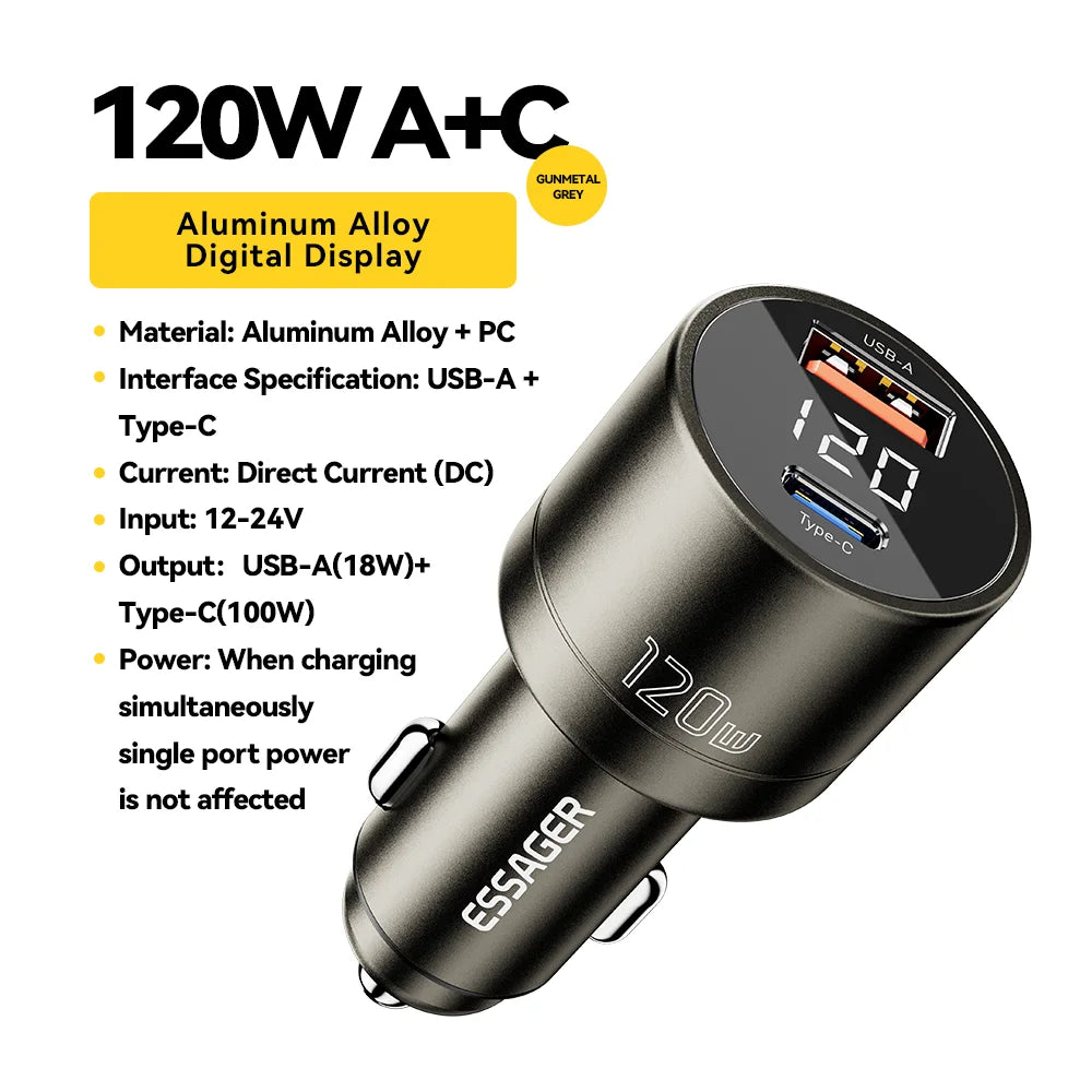 Essager Car Charger PD 120W Super Fast Charger QC 4.0 PD 3.0 For iPhone 15 14 Samsung Type-C USB Charger Portable Phone Charger
