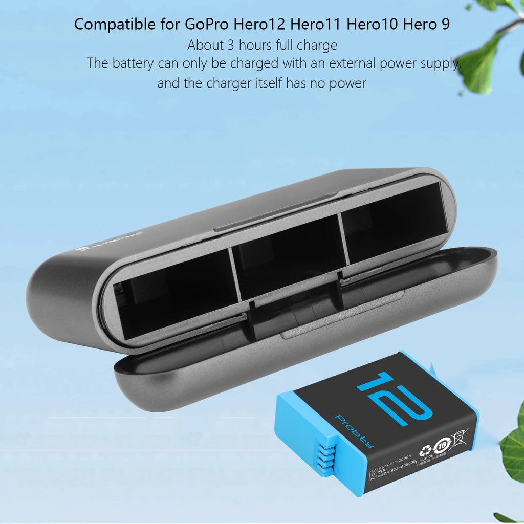 Probty Battery For GoPro Hero 12 11 10 9 1850 mAh Battery 3 Ways Fast Charger Box For GoPro 12 10 Accessories