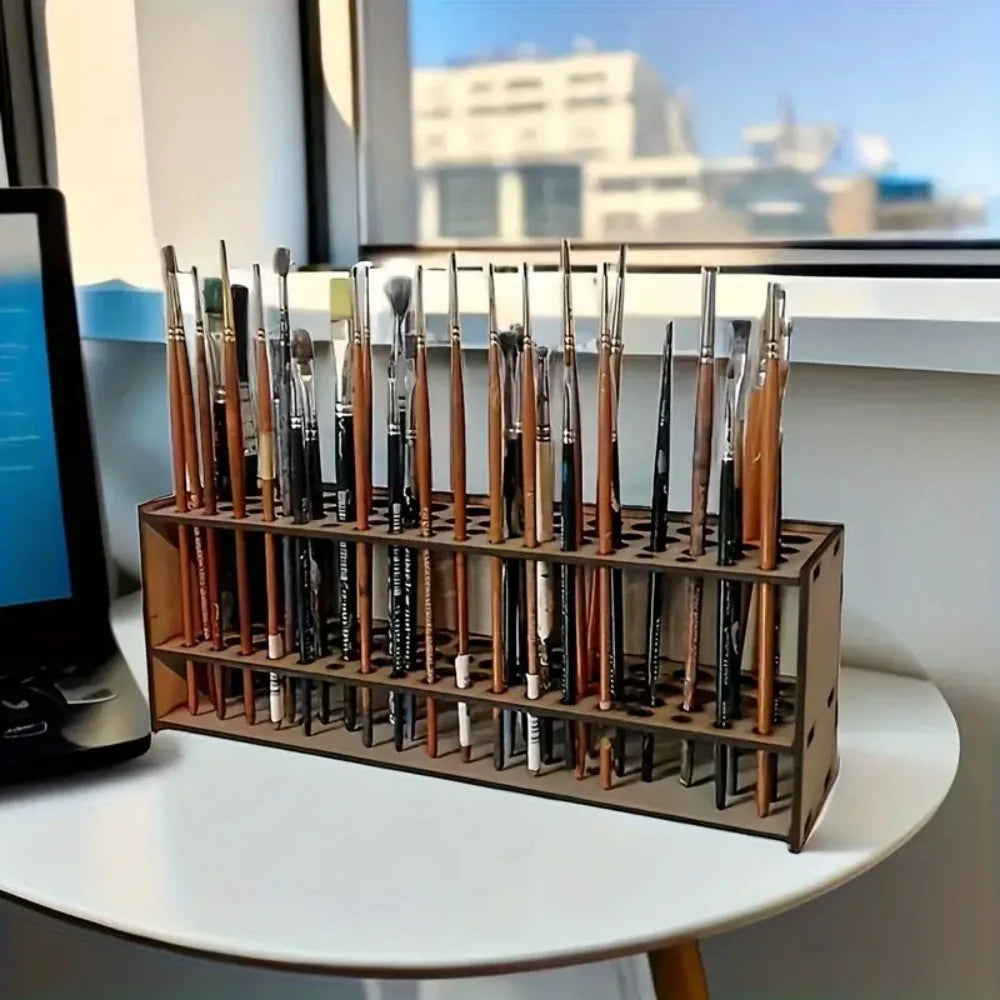 67-Slot Premium Wooden Brush Double-layer Holder Durable Artist Desk Organizer Pencil Paint Brushes Storage Art Craft
