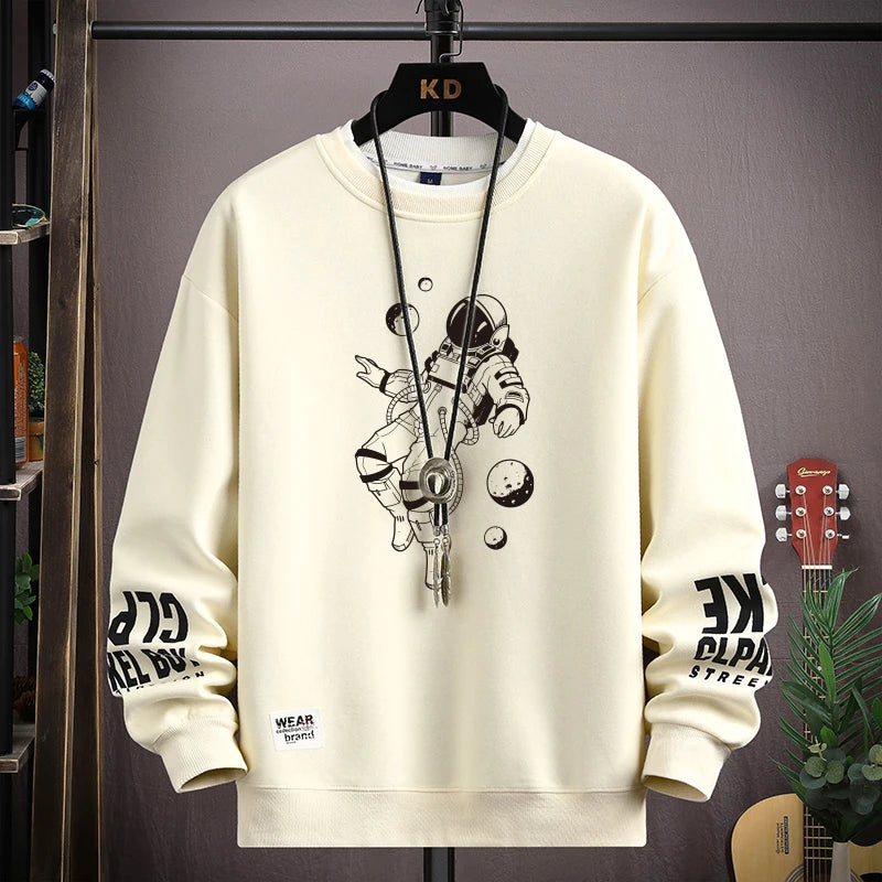 Autumn Men's Sweatshirt Cool Moon Print Long Sleeve T-shirt Fashion Men's Clothing Grey O Neck Harajuku Exclusive Design Top New