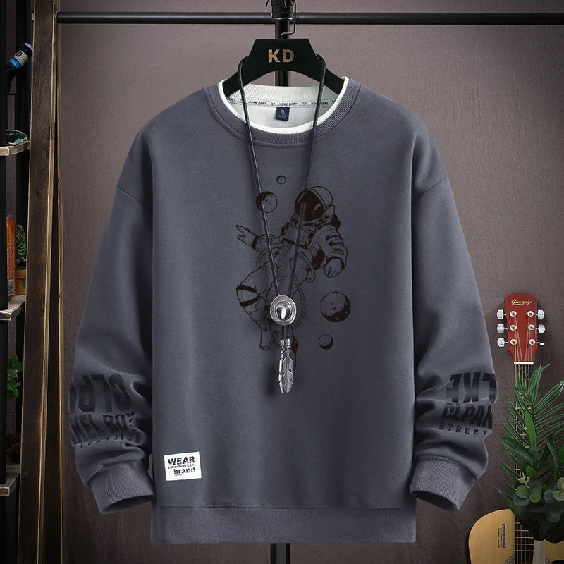 Autumn Men's Sweatshirt Cool Moon Print Long Sleeve T-shirt Fashion Men's Clothing Grey O Neck Harajuku Exclusive Design Top New