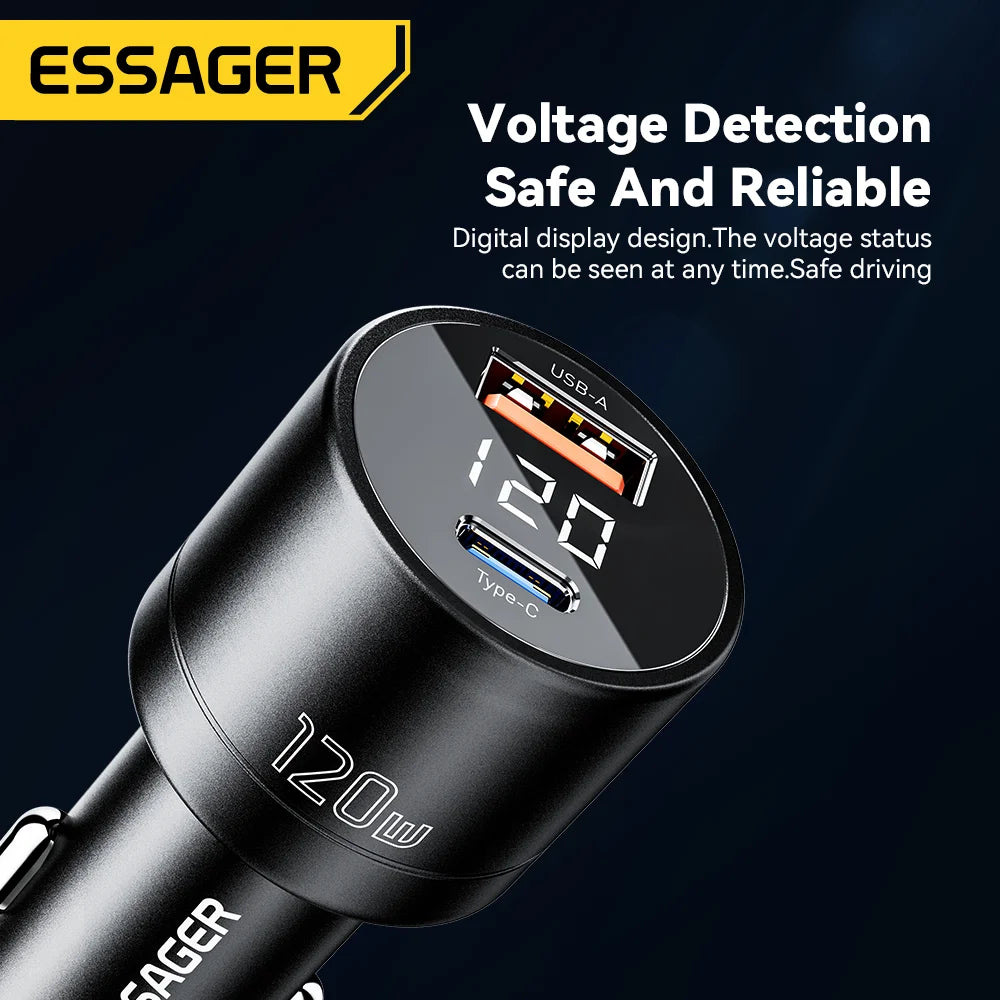 Essager Car Charger PD 120W Super Fast Charger QC 4.0 PD 3.0 For iPhone 15 14 Samsung Type-C USB Charger Portable Phone Charger
