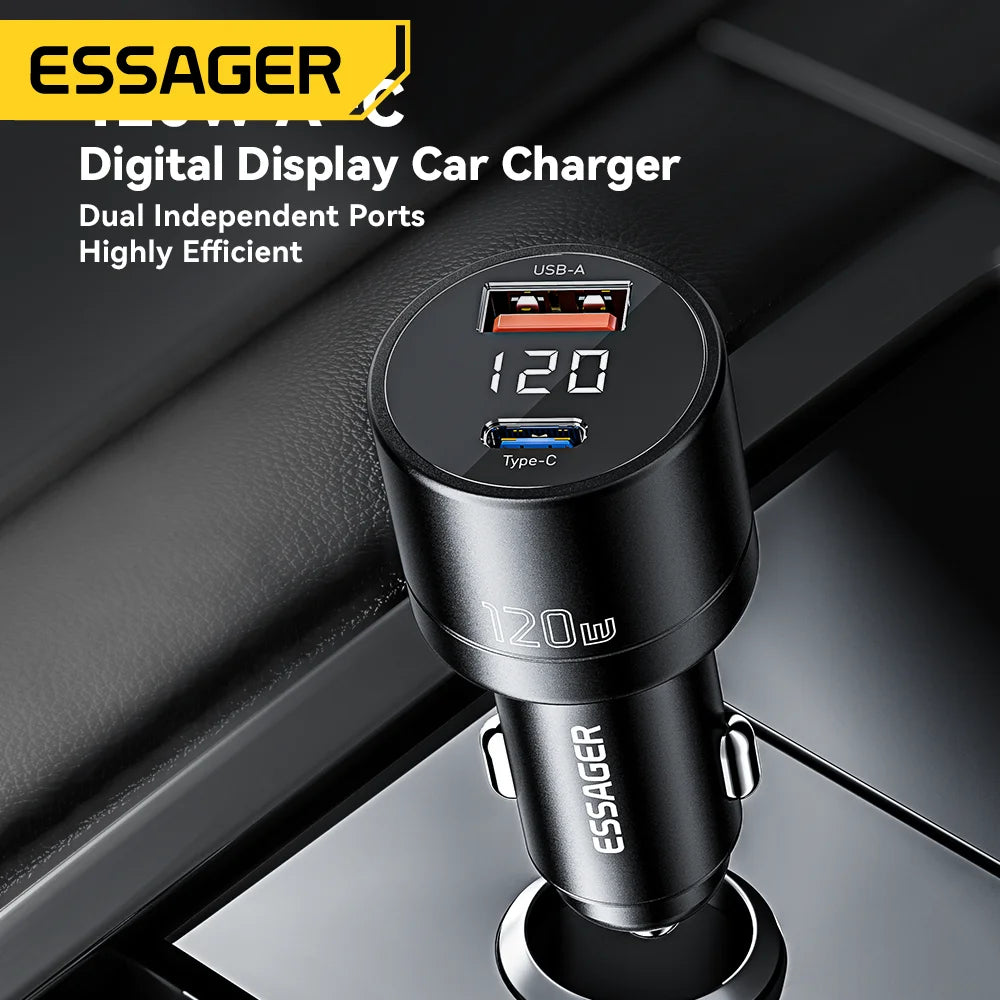 Essager Car Charger PD 120W Super Fast Charger QC 4.0 PD 3.0 For iPhone 15 14 Samsung Type-C USB Charger Portable Phone Charger