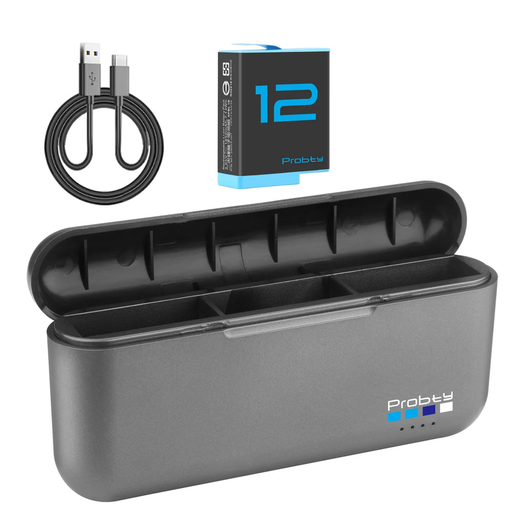Probty Battery For GoPro Hero 12 11 10 9 1850 mAh Battery 3 Ways Fast Charger Box For GoPro 12 10 Accessories