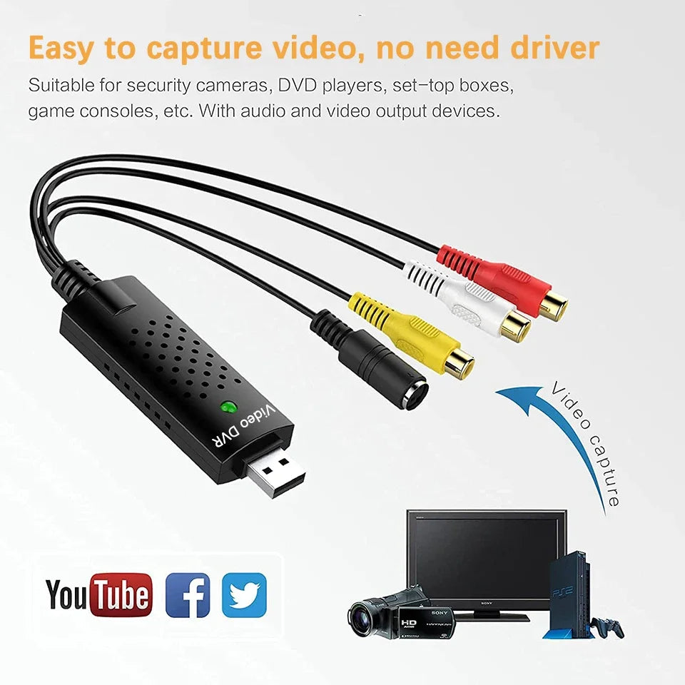 USB Video Capture Card Easy Cap VHS VCR Mini DV Hi8 DVD to Digital Converter RCA/S-video to USB 2.0 Audio Video Record Capturer