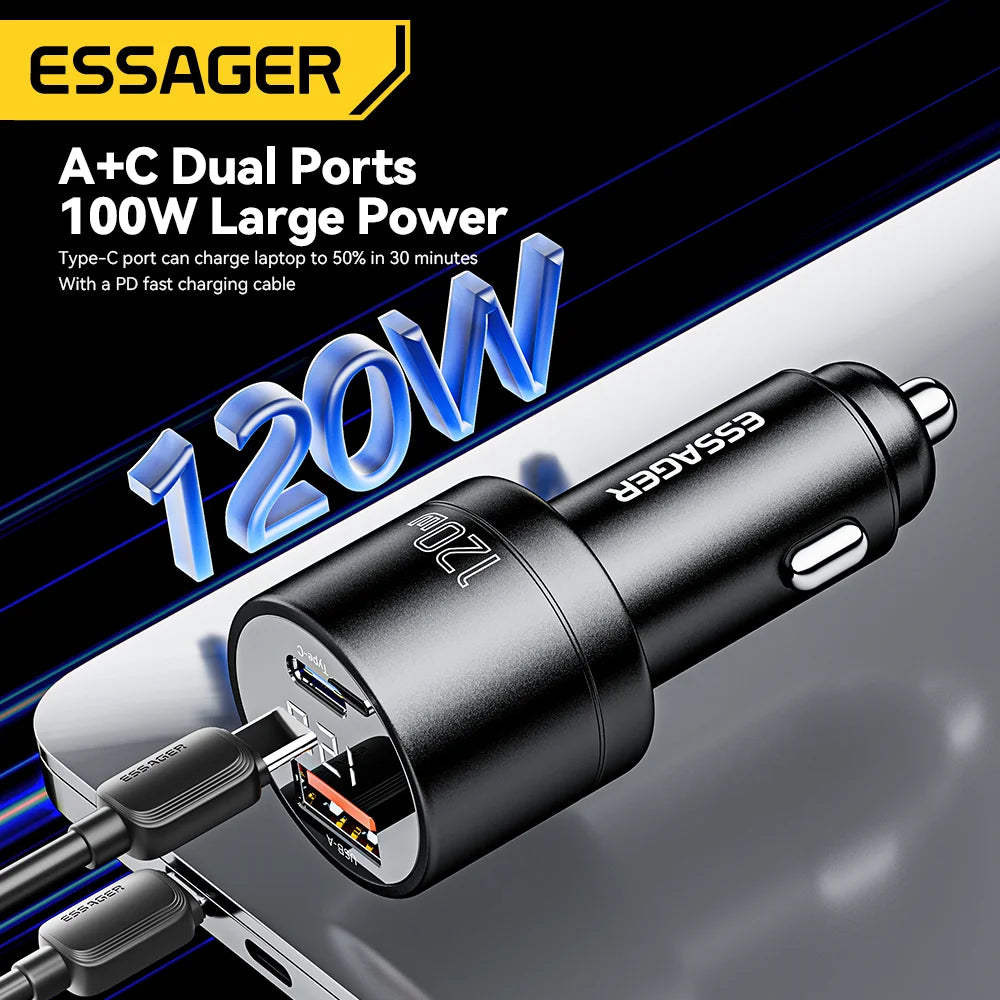 Essager Car Charger PD 120W Super Fast Charger QC 4.0 PD 3.0 For iPhone 15 14 Samsung Type-C USB Charger Portable Phone Charger