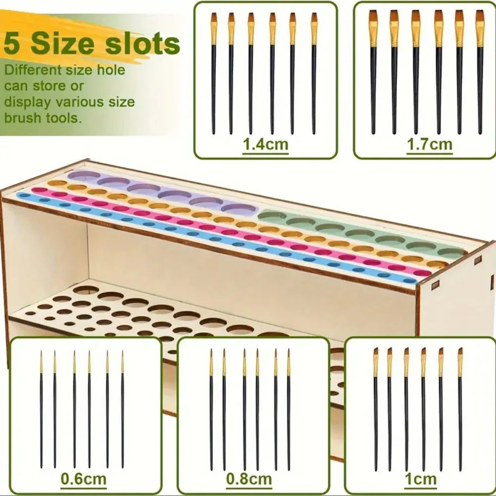 67-Slot Premium Wooden Brush Double-layer Holder Durable Artist Desk Organizer Pencil Paint Brushes Storage Art Craft